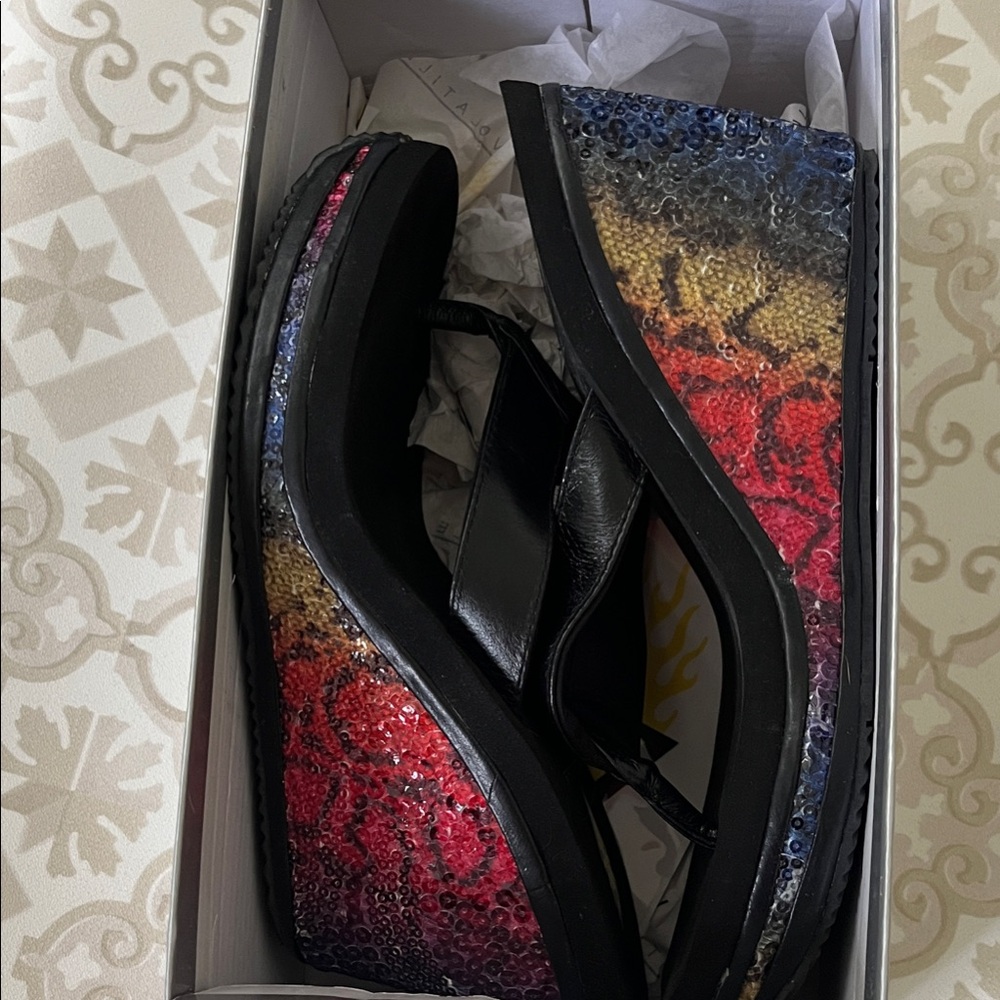 Volatile Multicolor Sequin Wedge Sandals with Black Straps new not worn
